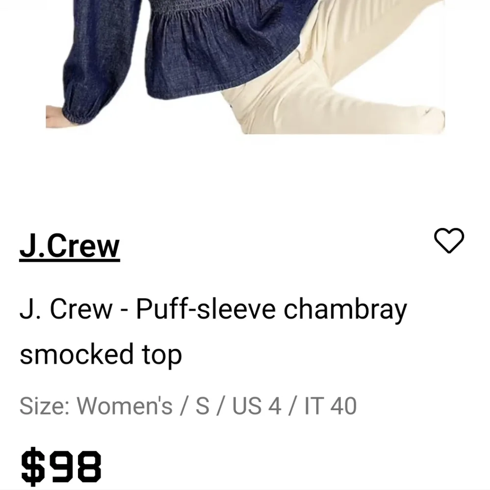 J.CREW PUFFY SLEEVE CHAMBRAY JEANS SMOCKED TOP XS BNWT $98 1 LEFT!